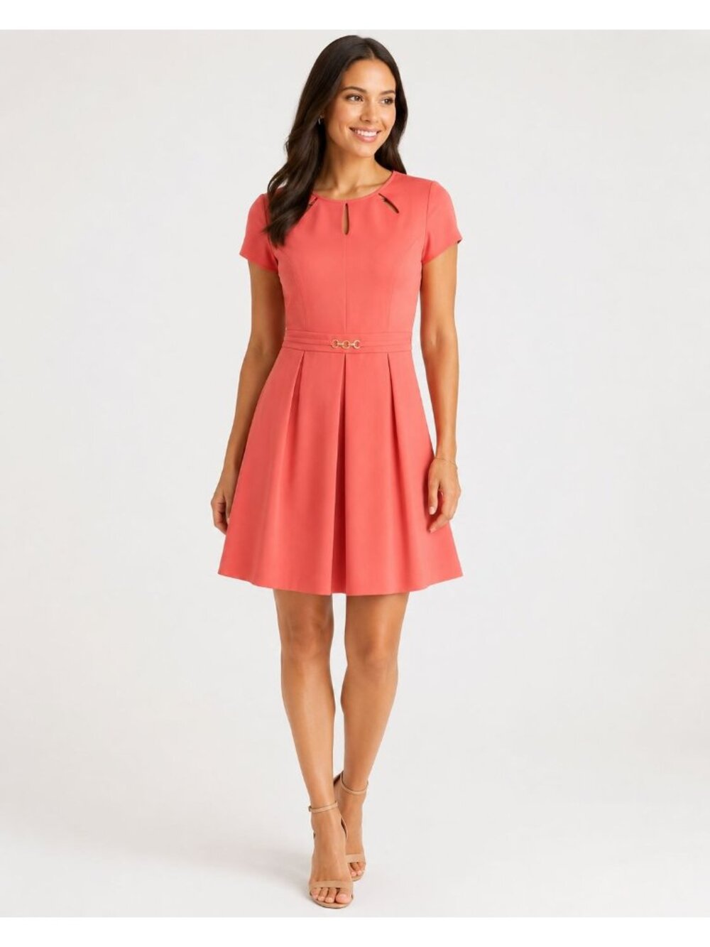 Ellen Tracy Coral Keyhole Flare Women Dress W/Gold Hardware Petite 2
